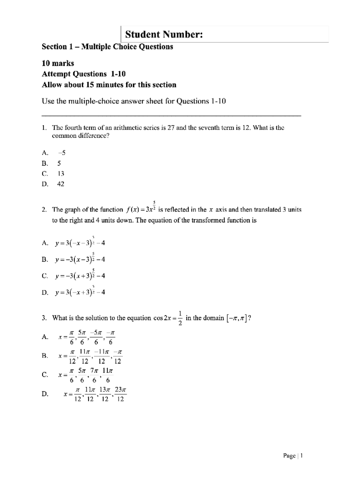 Fort St 2020 Maths Trials 2U: Multiple Choice Questions & Solutions ...