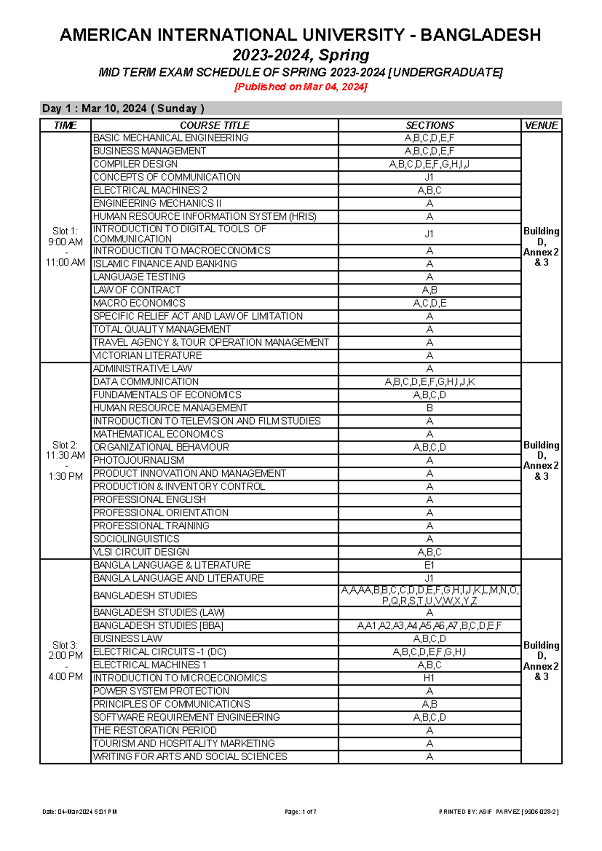 Mid term exam schedule of spring 2023 2024 undergraduate mar 04 ...