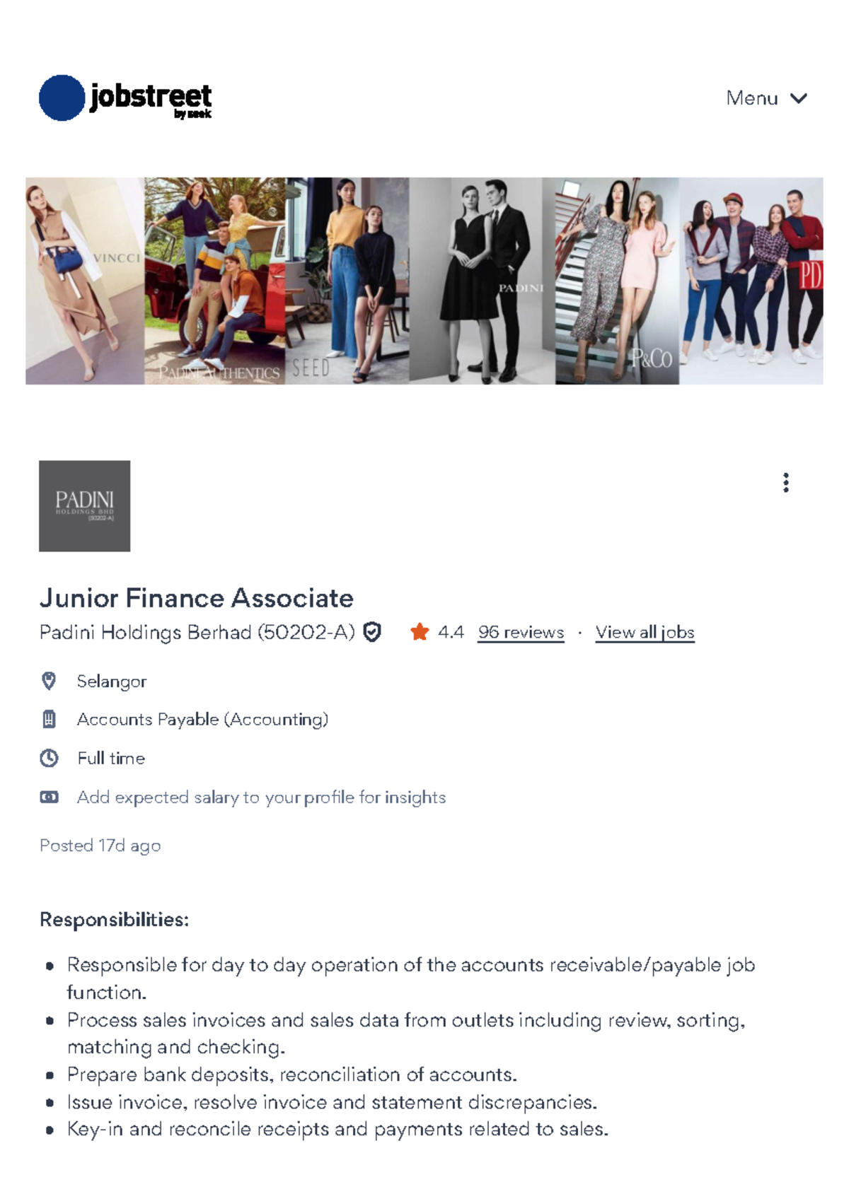 Junior Finance Associate Job in Selangor - Jobstreet - Menu Junior ...