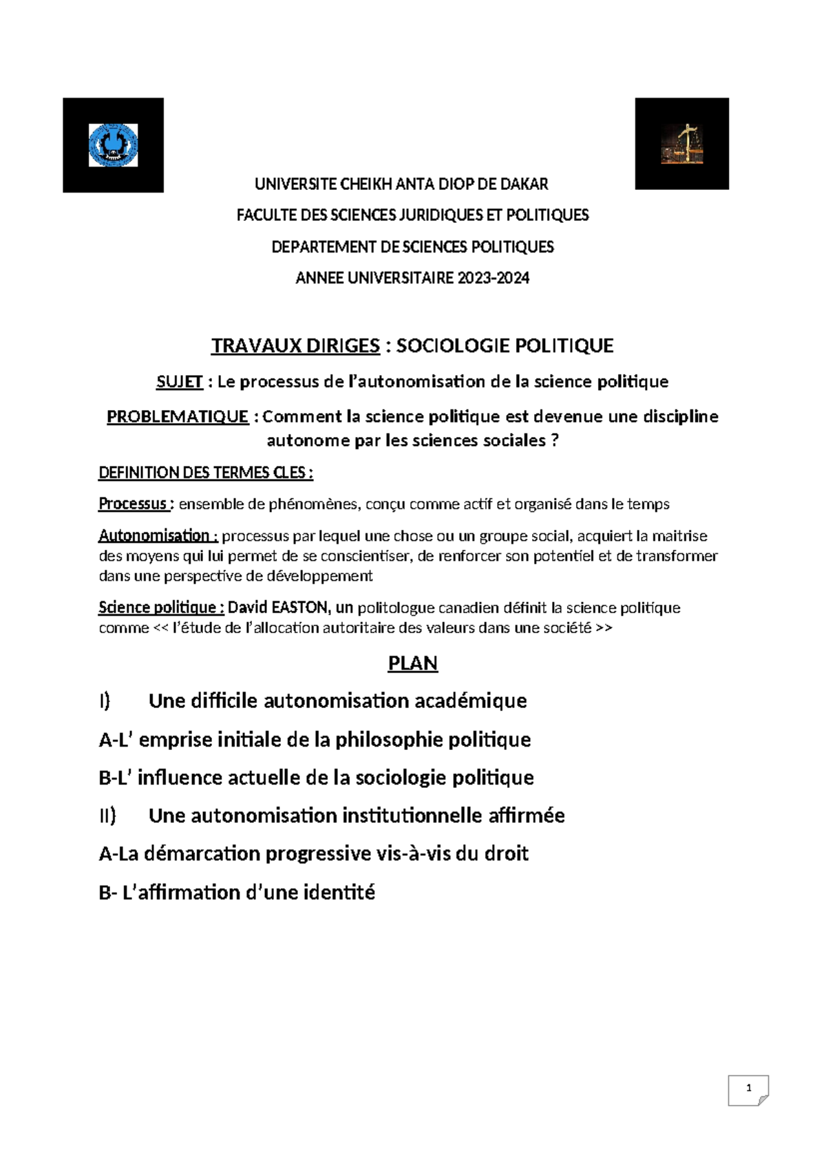 TD1 SP: Le Processus d'Autonomisation de la Science Politique - Studocu