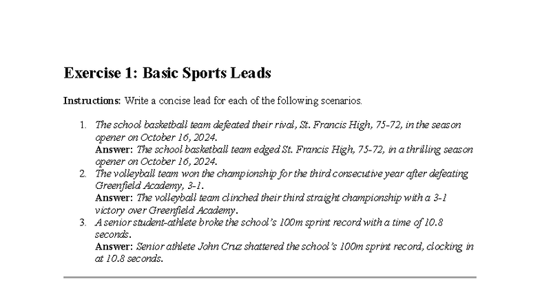 Sports LEAD Exercises: Writing Effective Sports Leads - Studocu