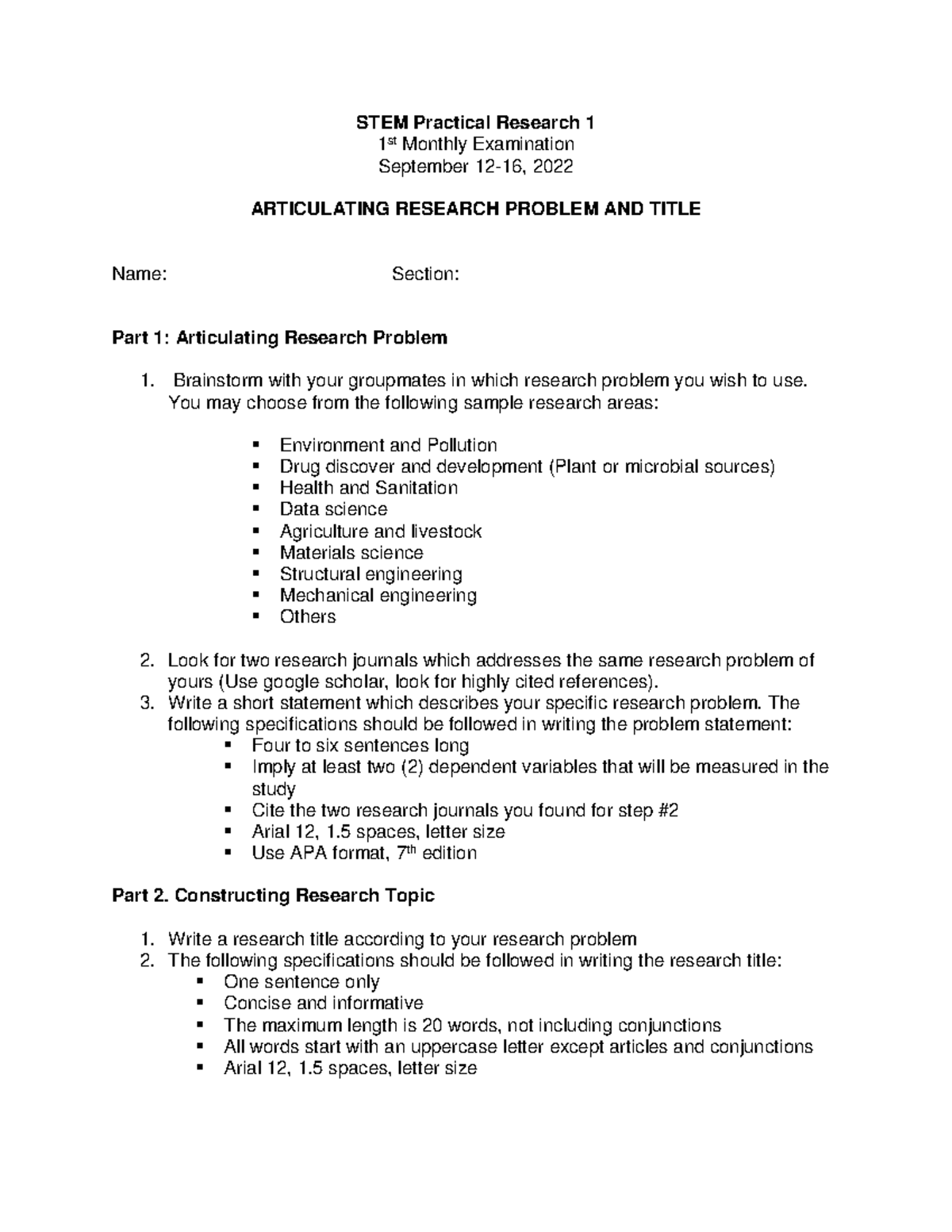 STEM PR1 Monthly Exam: Articulating Research Problems and Topics - Studocu