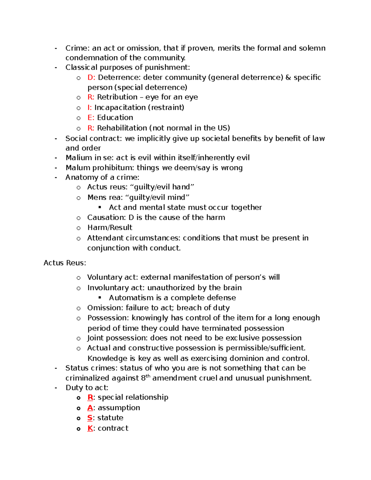 Crim Law Outline - Key Concepts and Principles - Studocu