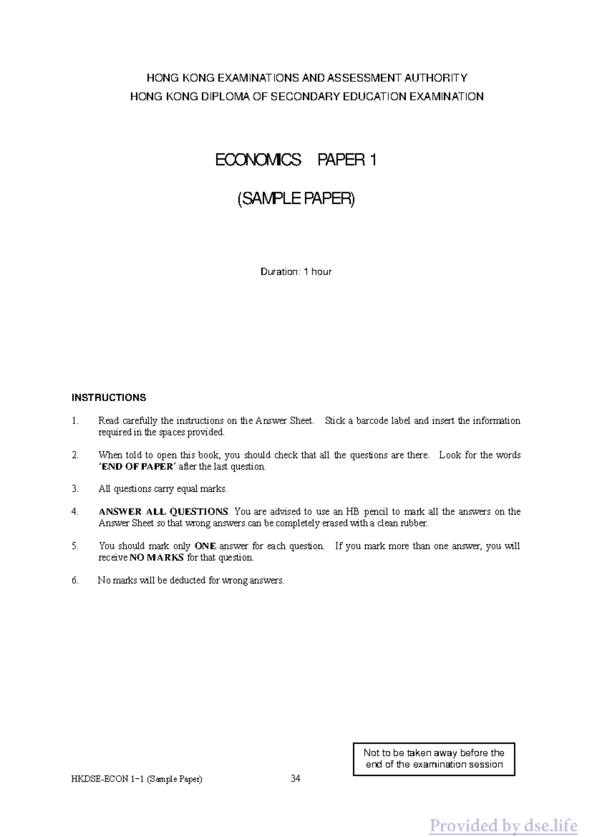 DSE Economics Paper 1 Sample Exam - Hong Kong Diploma - Studocu