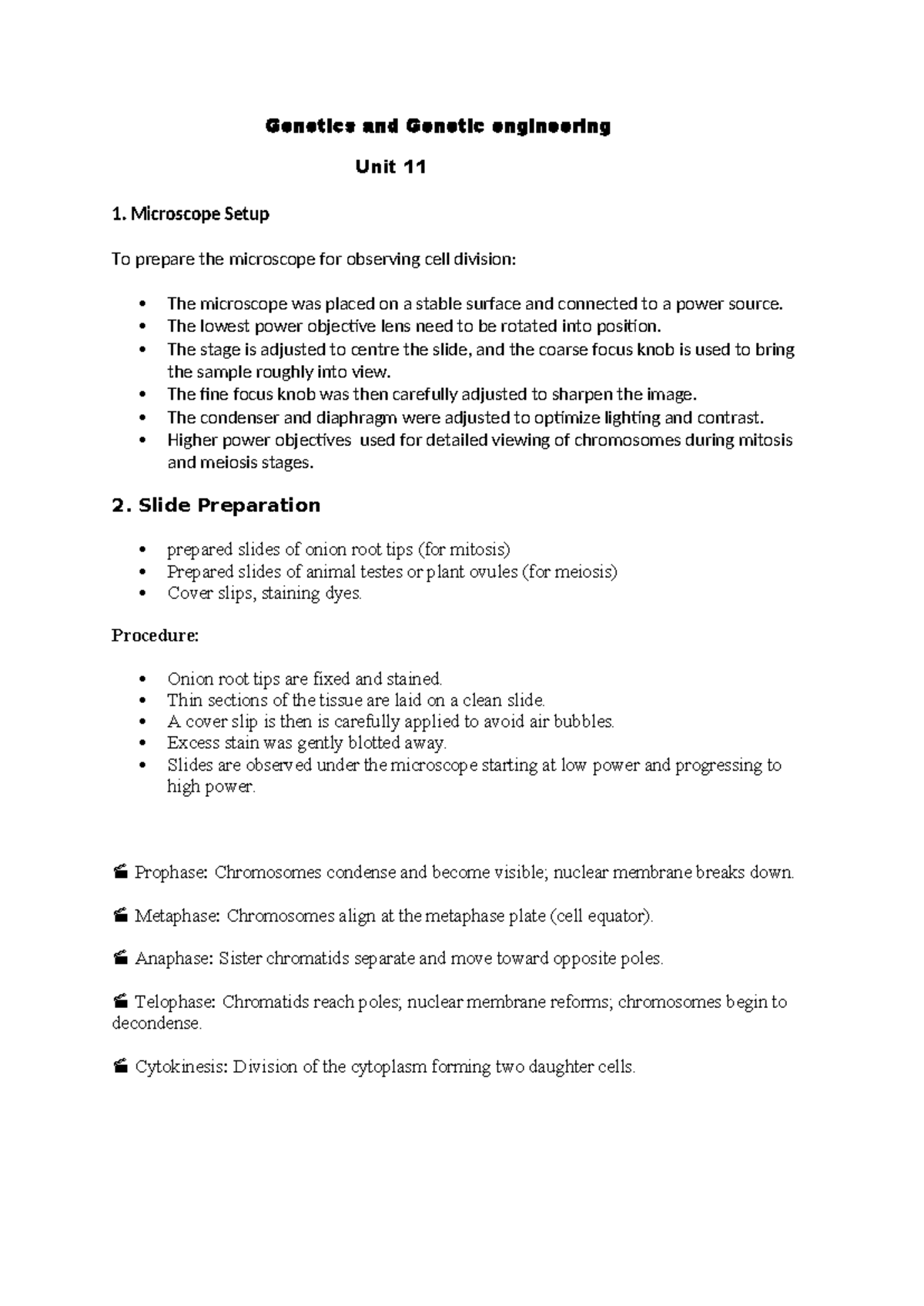 Genetics and Genetic Engineering Unit 11: Cell Division and Variation ...