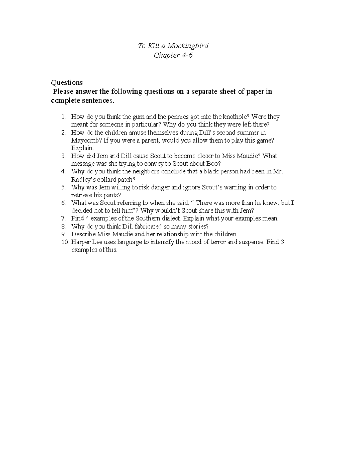 TKAM Chapter Questions and Discussion Prompts - Studocu