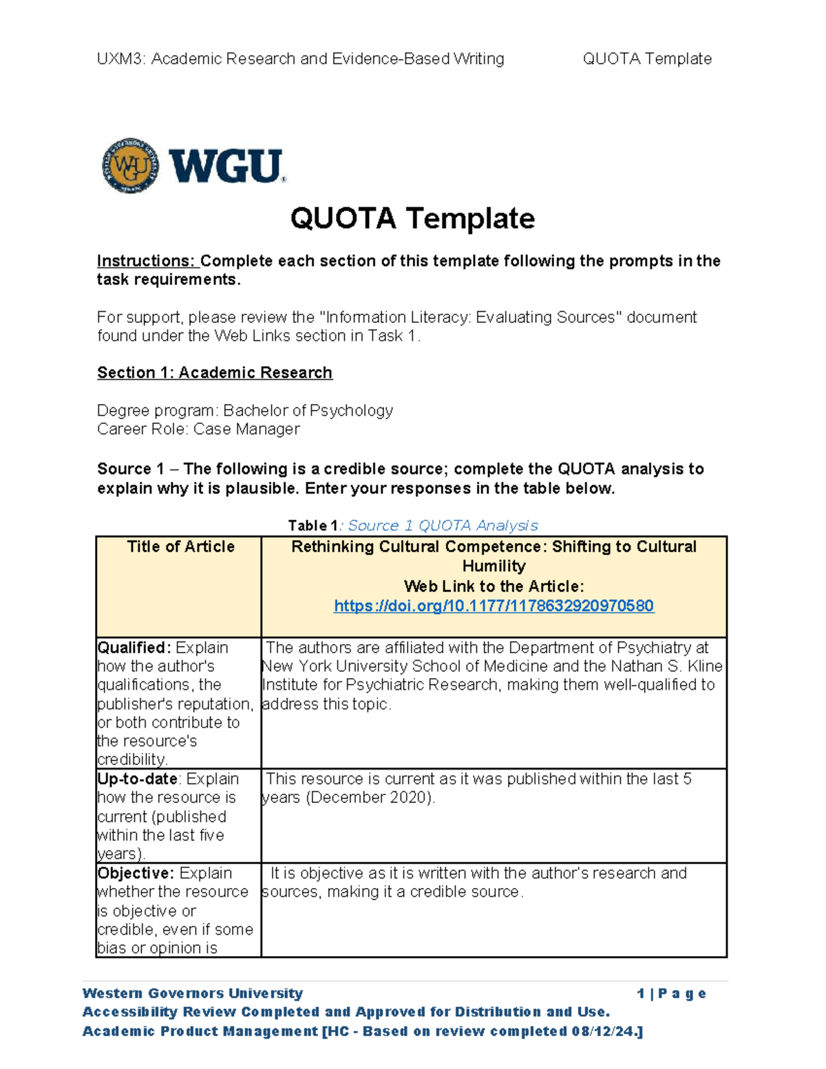 UXM3: QUOTA Template for Academic Research in Case Management - Studocu