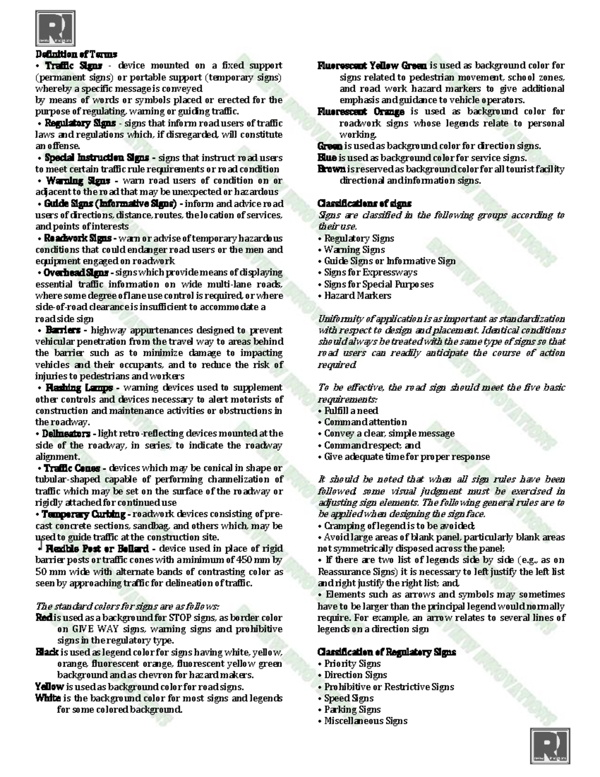 Transpo Terms Overview for Board Exam Preparation 2022 - Studocu