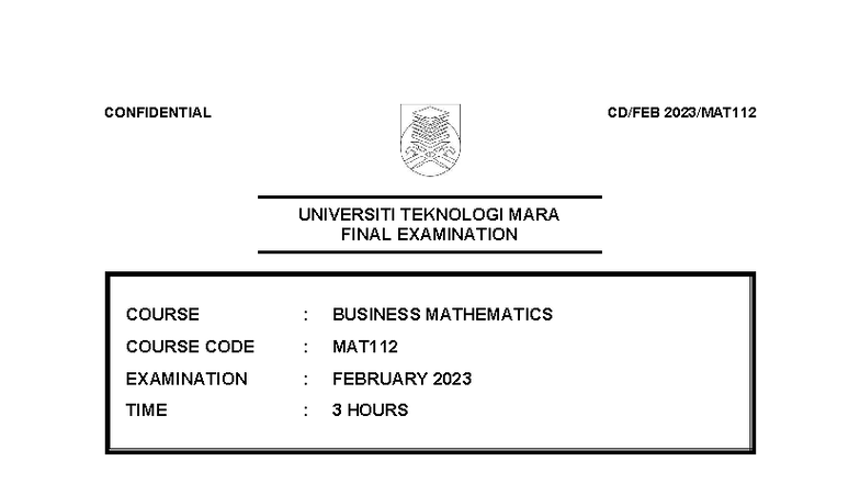 MAT112 Final Exam Paper - Business Mathematics February 2023 - Studocu