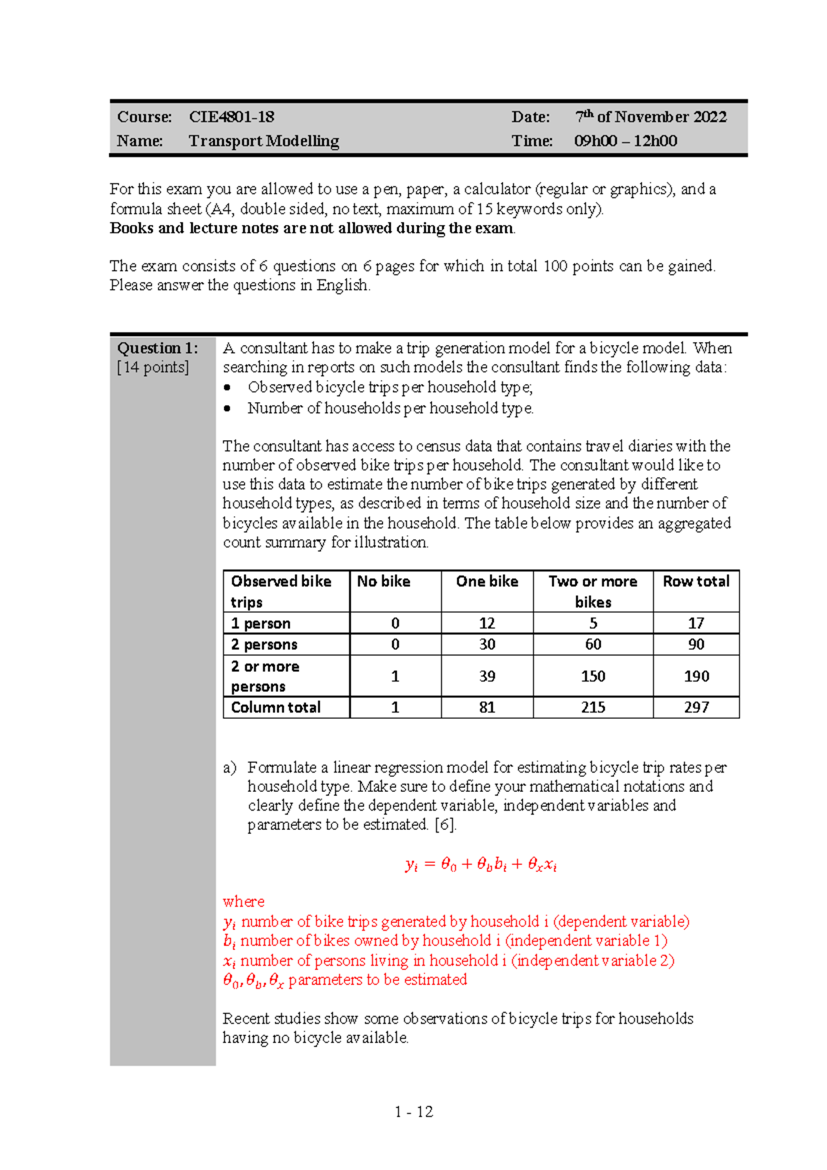 Transport Modelling Sample Exam (Course Code: TM101) - Studeersnel