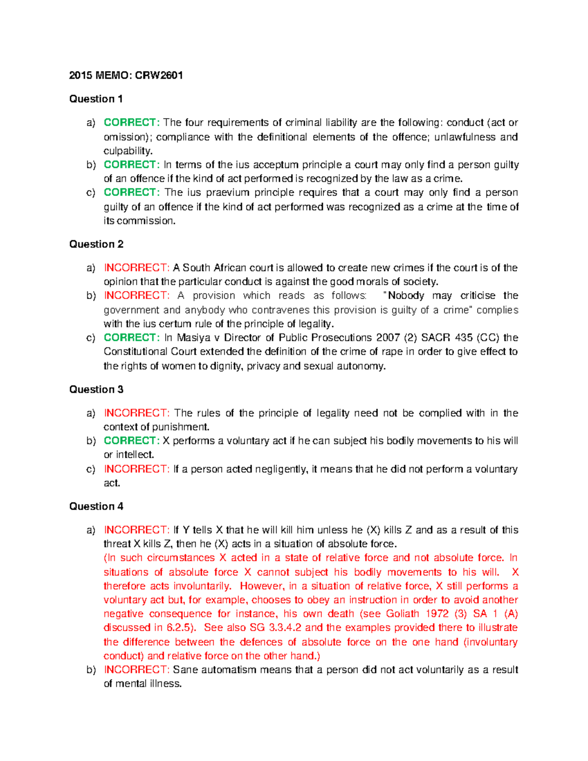 Exam pack CRW2601 - 2015 MEMO: CRW Question 1 a) CORRECT: The four ...
