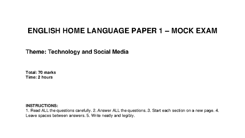 English HL Paper 1 Mock Exam: Technology & Social Media Insights - Studocu