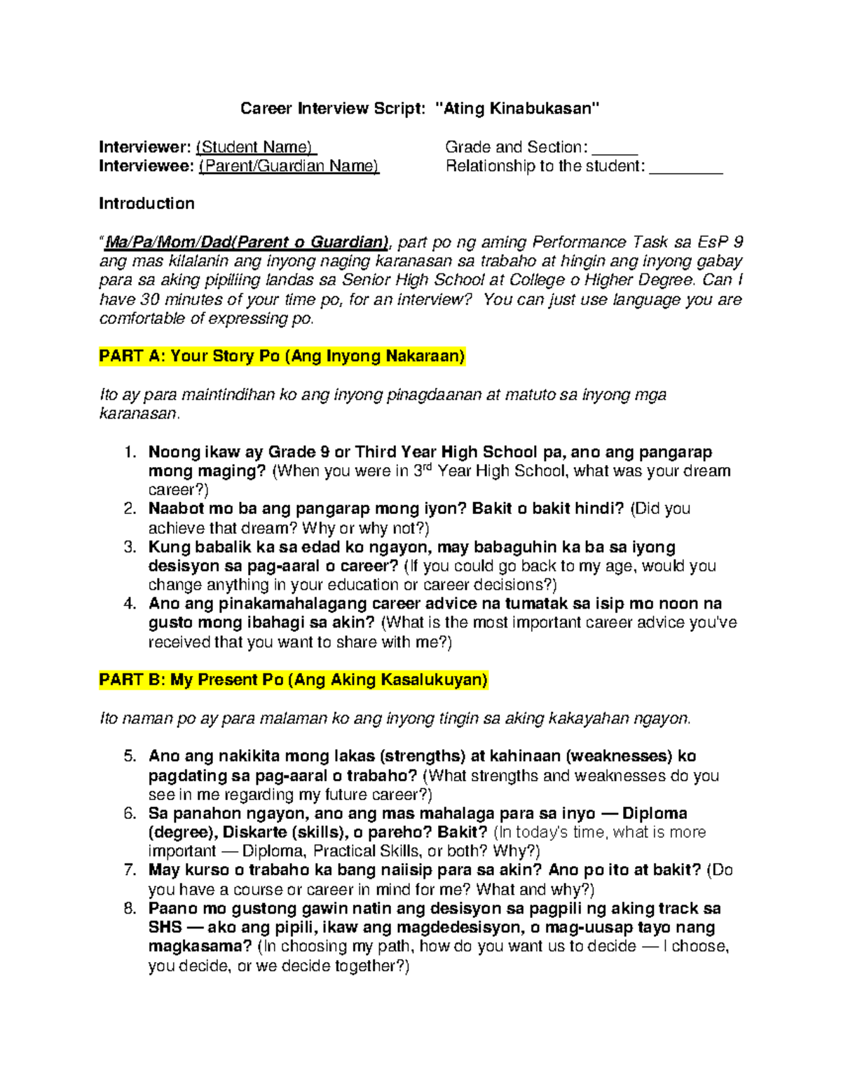Career Interview Script: Ating Kinabukasan (EsP 9) - Studocu