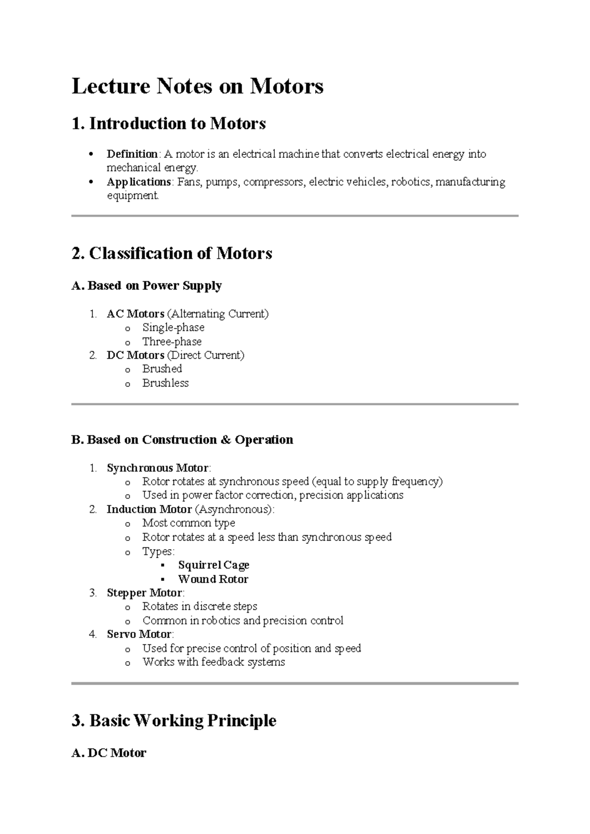 Lecture Notes on Motors: Types, Principles & Components - Studocu