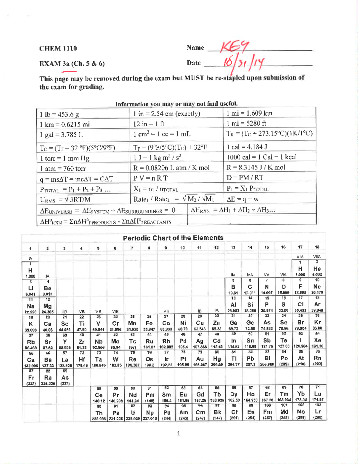 CHEM 3A Practice Exam 3 Answer Key (Ch. 5 & 6) - Studocu