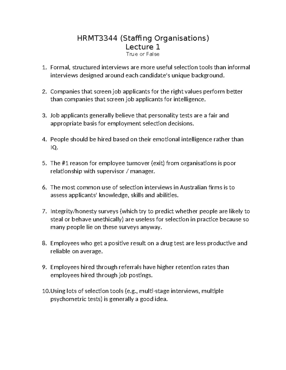 HRMT3344 Semester 1 2025 Self-Test Exercise: True/False Questions - Studocu