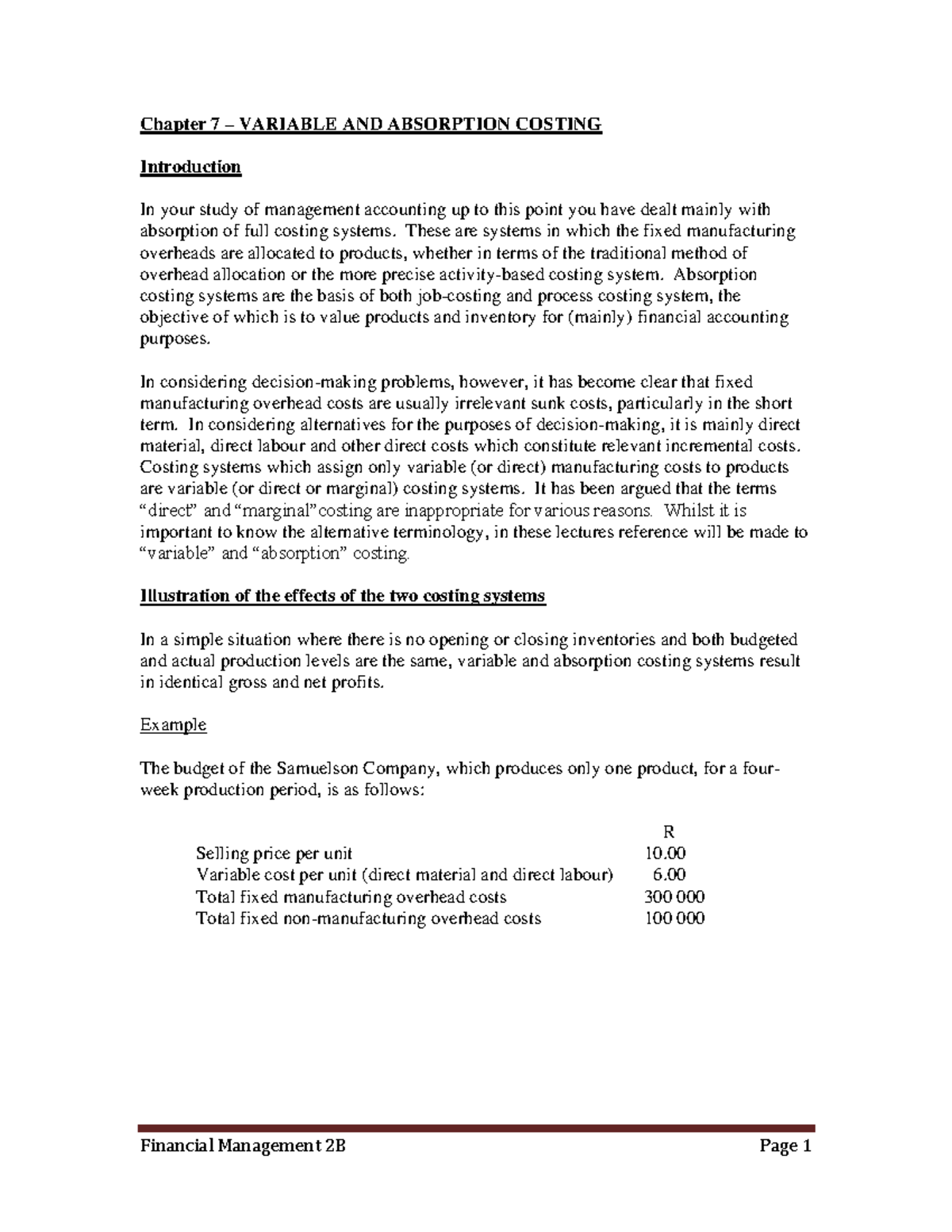 Chapter 7 Notes: Variable and Absorption Costing (FM 2B) - Studocu