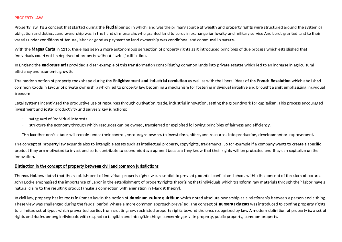 PROPERTY LAW (Final Exam) Summary of Key Concepts and Principles - Studocu
