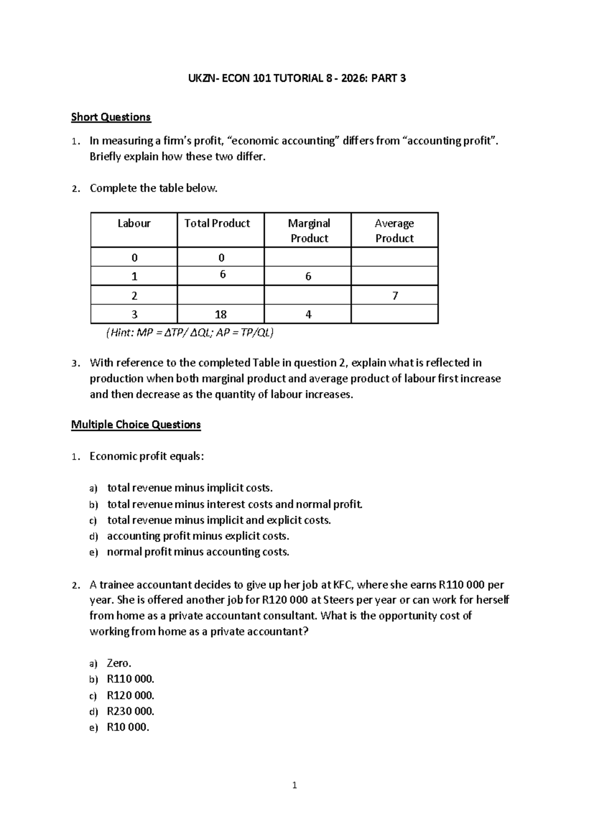 ECON 101 TUTORIAL 8: Short Questions & MCQs Analysis - Studocu