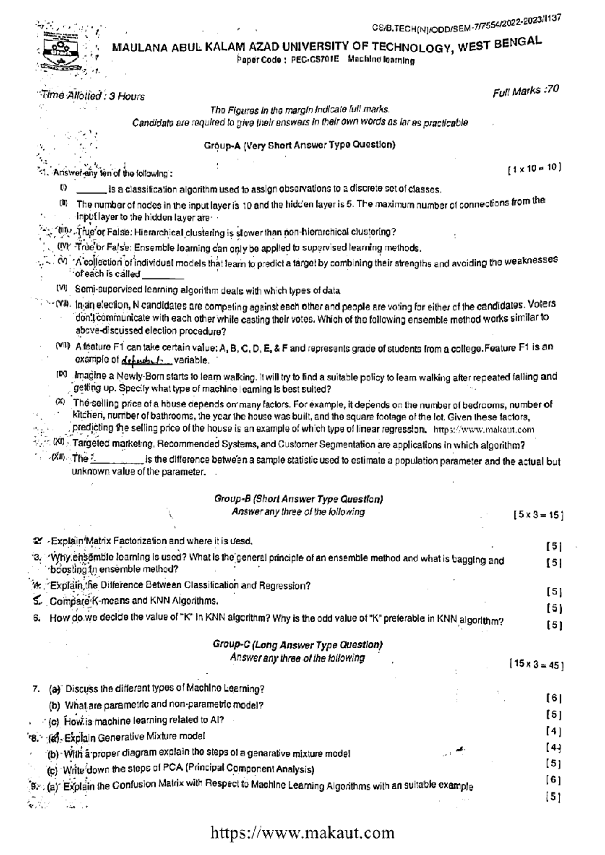 B.Tech SE 7th Sem Machine Learning Exam Paper - 2023 - Studocu
