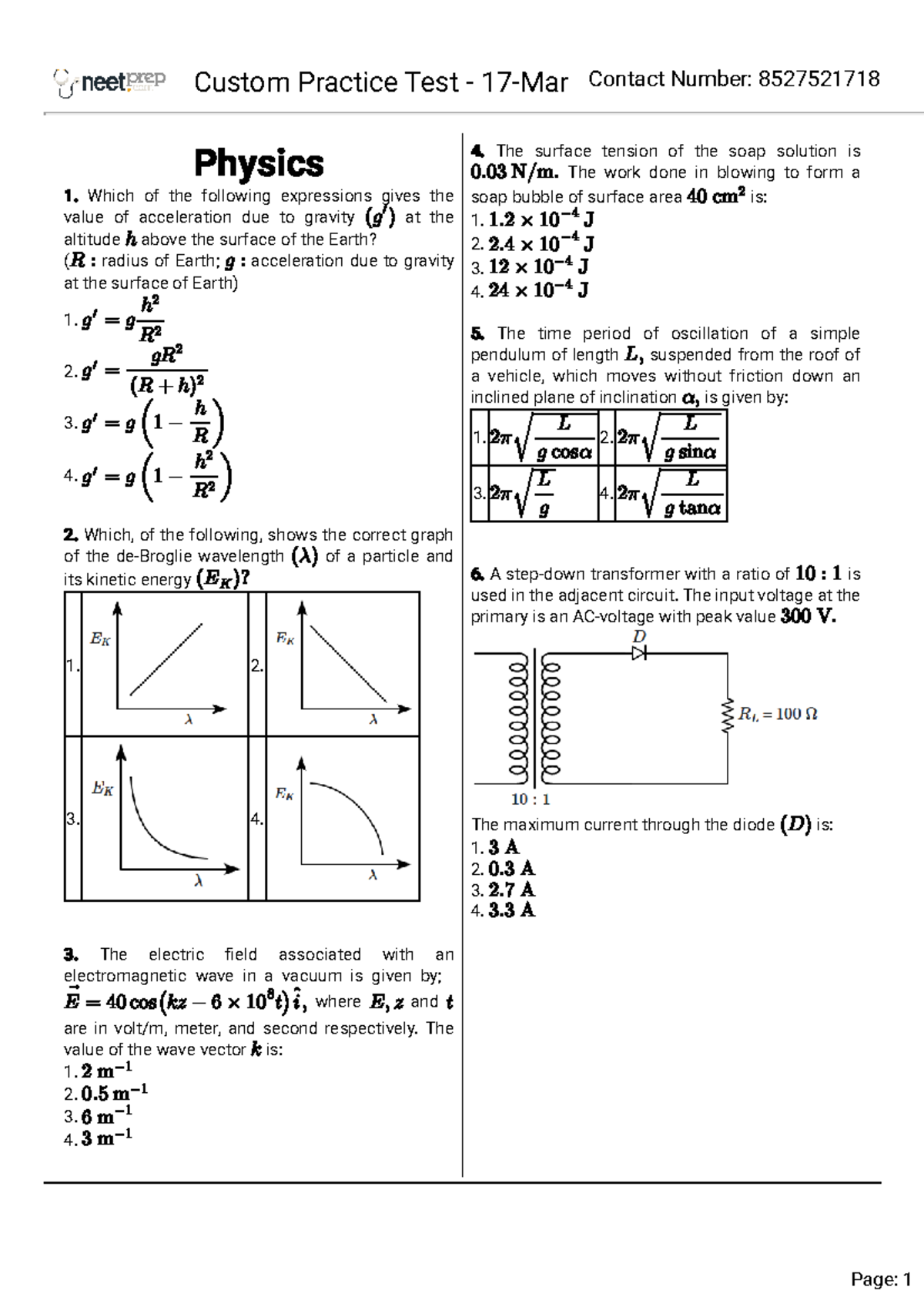 Custom Practice Test for Physics - 17 March - Studocu