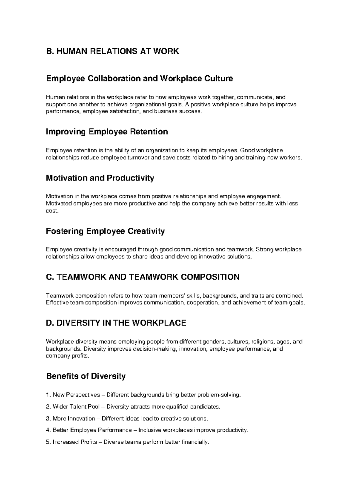 B. HUMAN RELATIONS AT WORK: Employee Collaboration & Culture Summary 2 ...