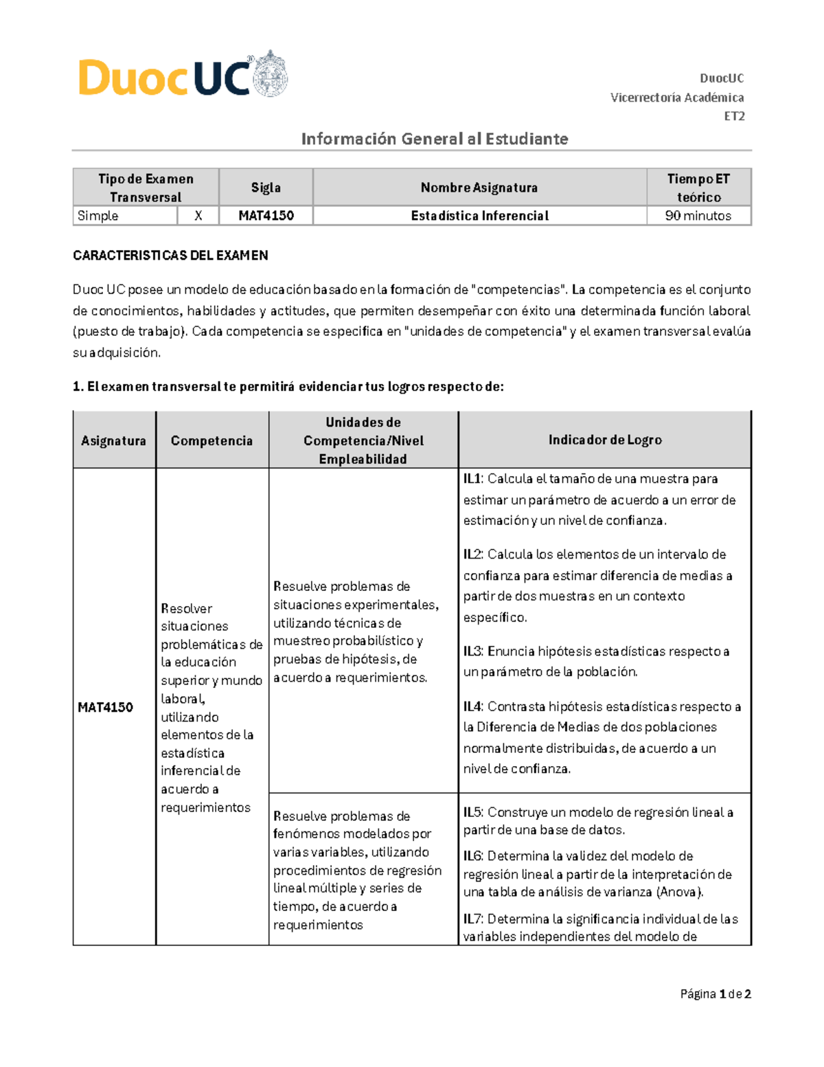 ET2 MAT4150 - Examen Transversal de Estadística Inferencial - Document Preview