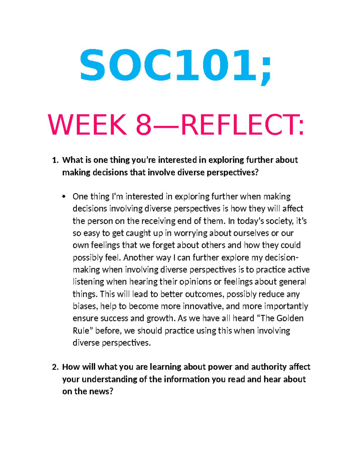 SOC101-WEEK 8- Reflection on Decisions & Authority Insights - Studocu