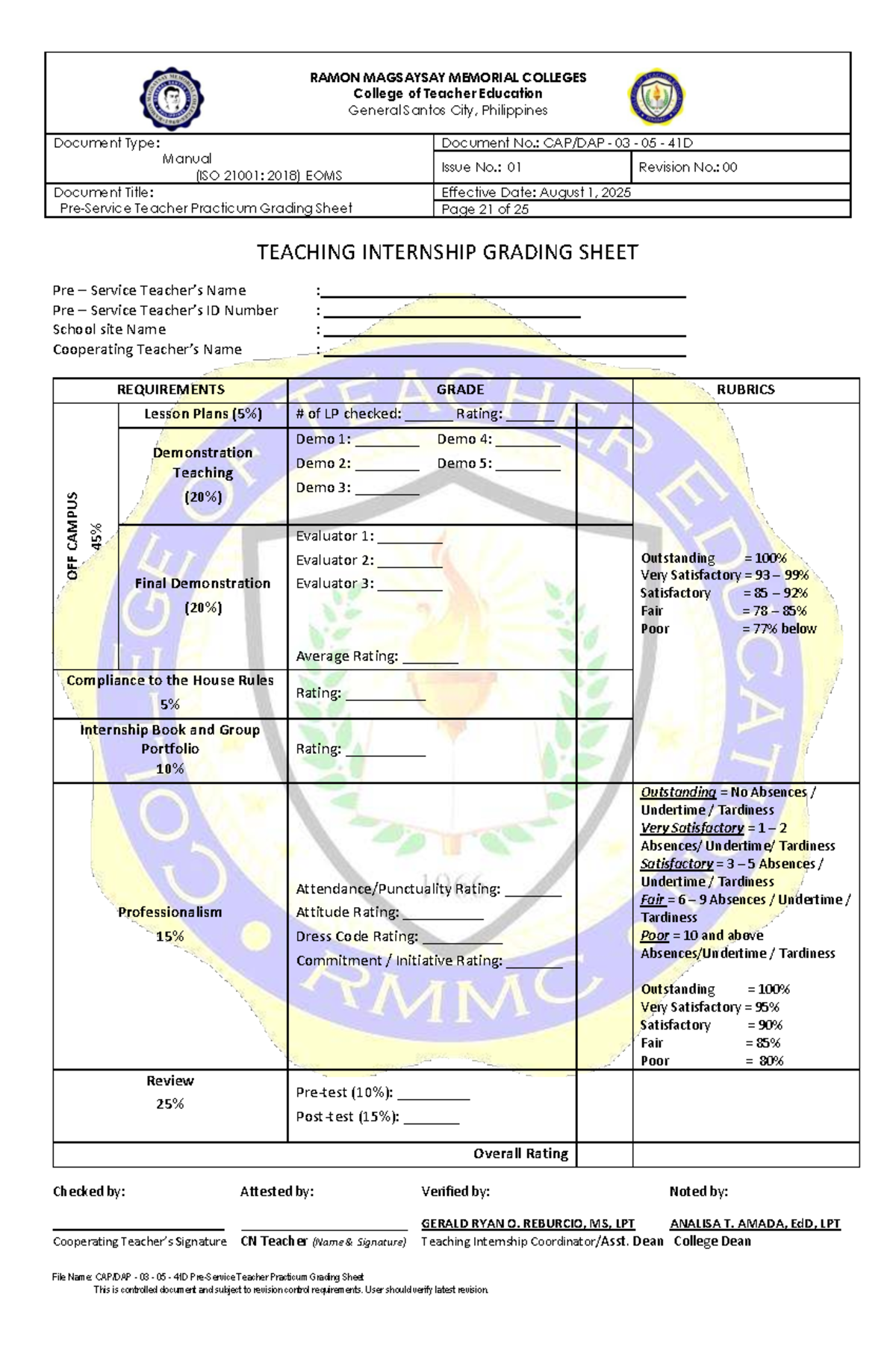 Teacher Practicum Grading Sheet (ISO 21001:2018) - Revised 2025 - Studocu