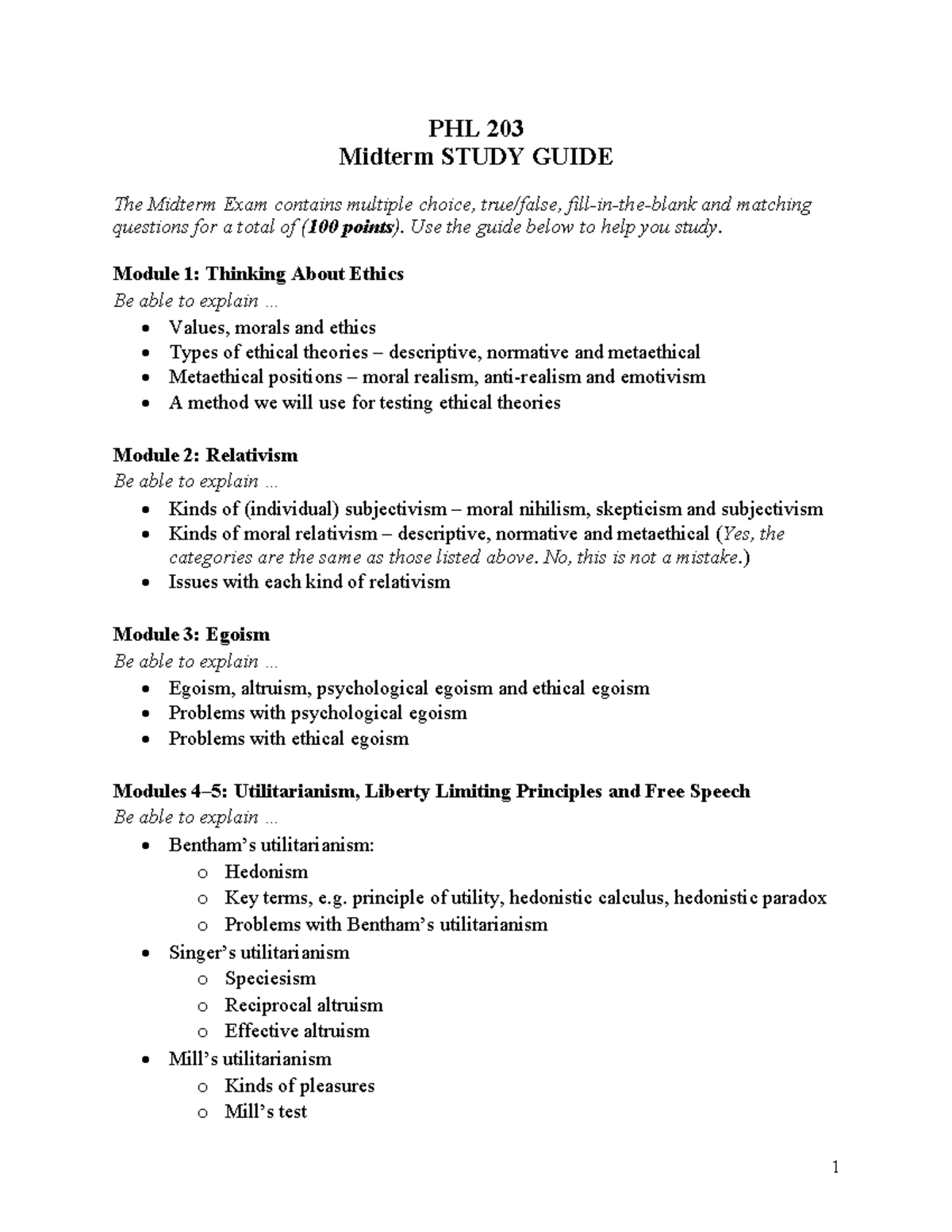 PHL 203 Midterm Exam Study Guide: Ethics & Theories Overview - Studocu