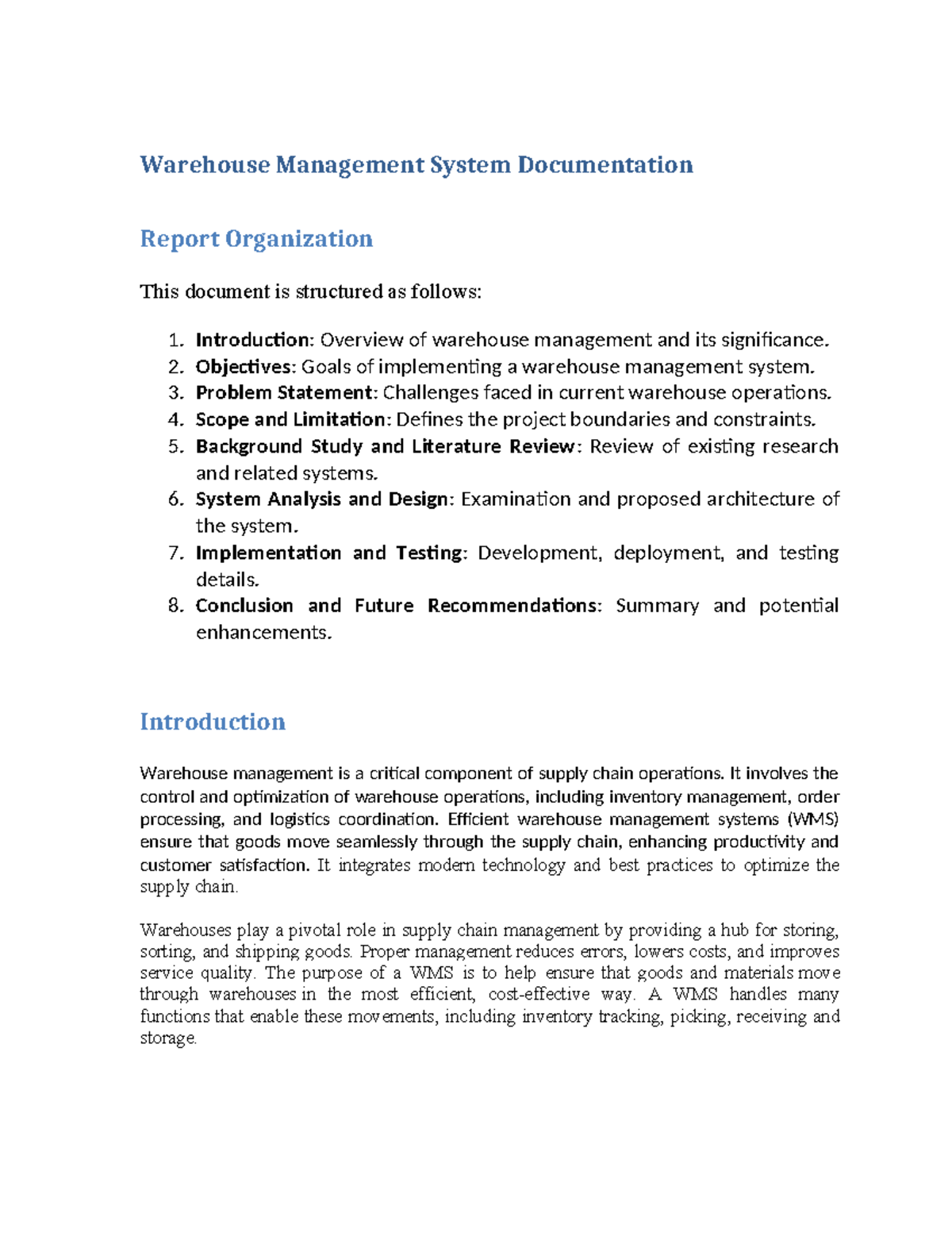 WMS Documentation Report: Overview, Objectives & Implementation - Studocu