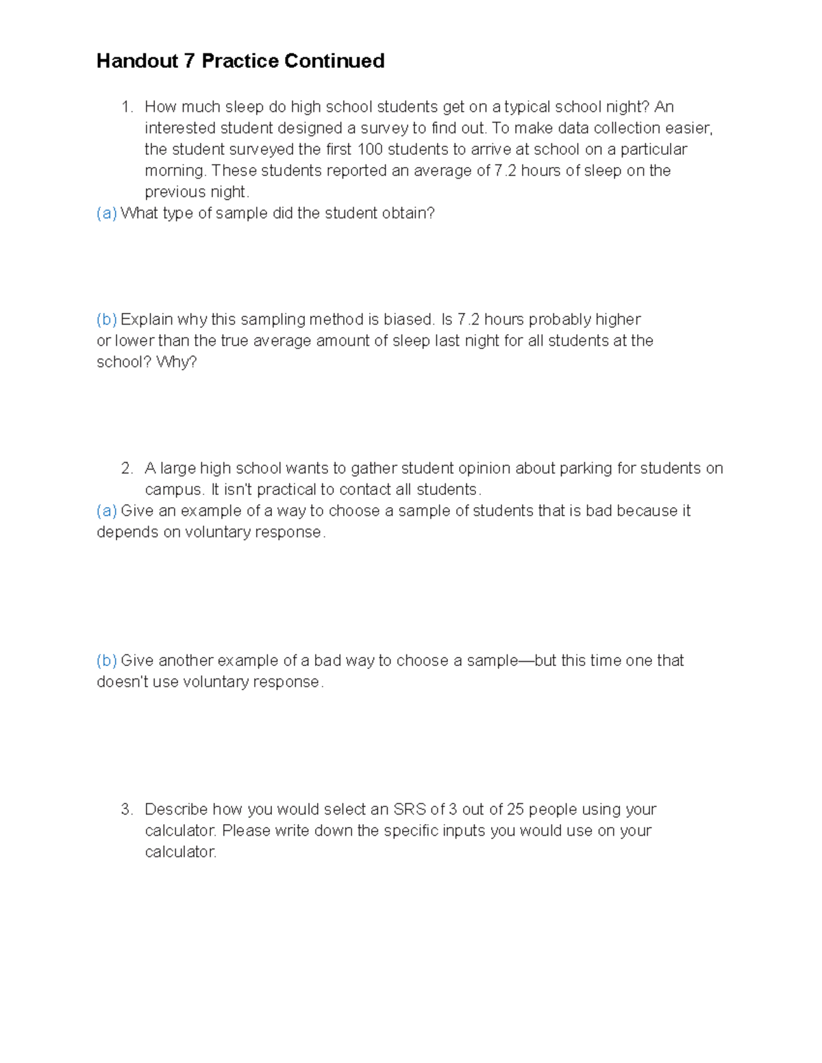 Handout 7 Practice Continued: Analyzing Sampling Methods and Bias - Studocu