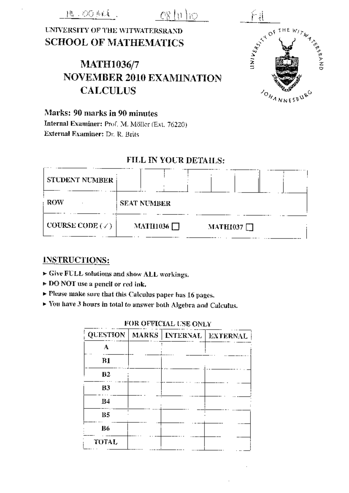 MATH1036 November 2010 Calculus Past Exam Paper - Studocu