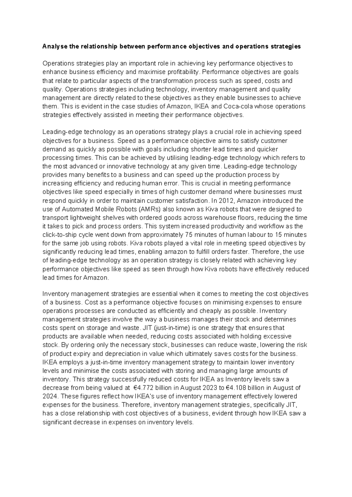 Business Extended Response: Ops Strategies & Performance Objectives ...