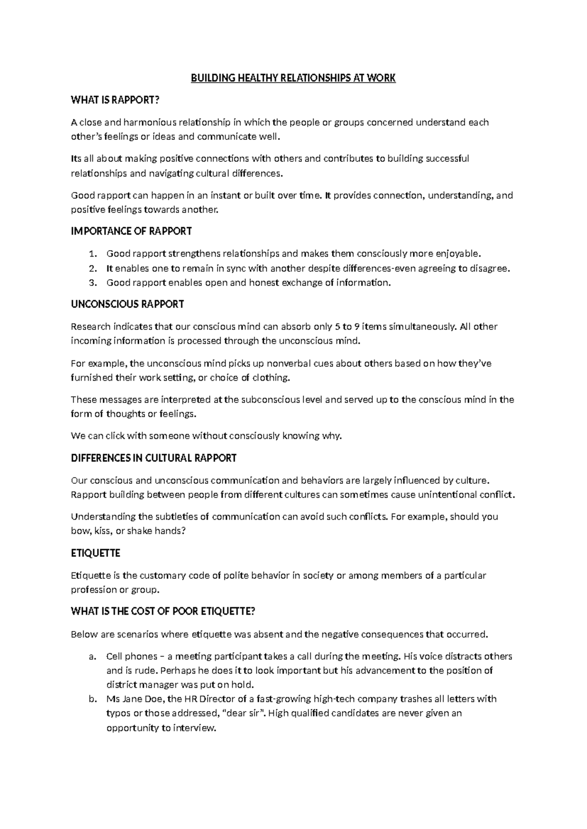 Effective Customer CARE: Building Rapport and Etiquette at Work - Studocu
