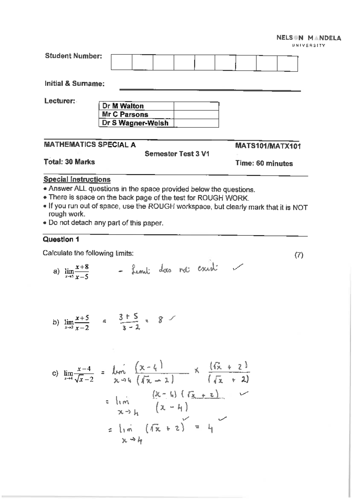 Mathematics Special Test 3 MEMO - NELS N M NDELA UNIVERSITY Student ...