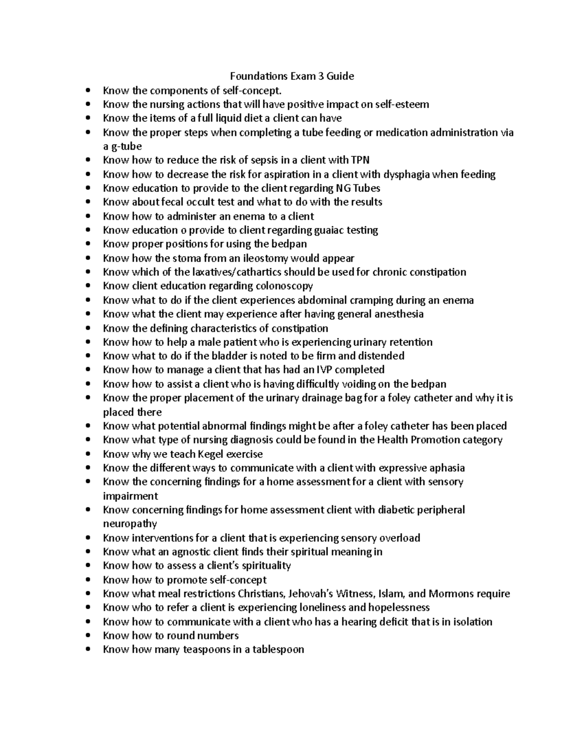 Foundations NUR 101 Exam 3 Study Guide: Key Nursing Topics and Actions ...