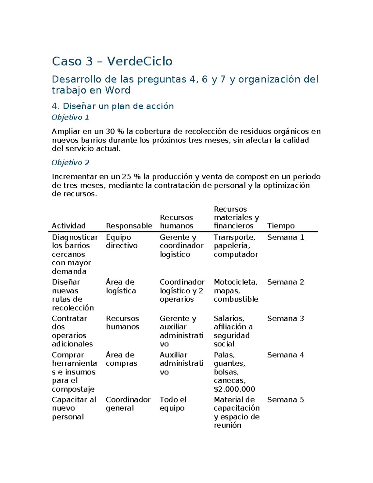 Caso 3 UNAD: Plan de Acción y Organización VerdeCiclo - Document Preview