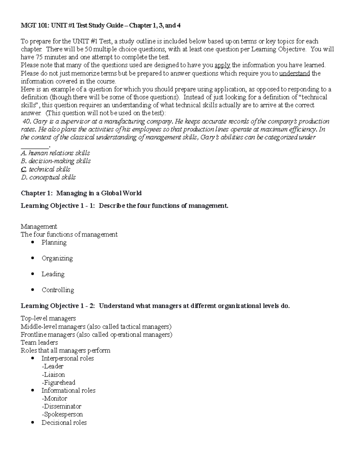 MGT 101 UNIT #1 Test Study Guide: Key Concepts from Chapters 1-4 - Studocu
