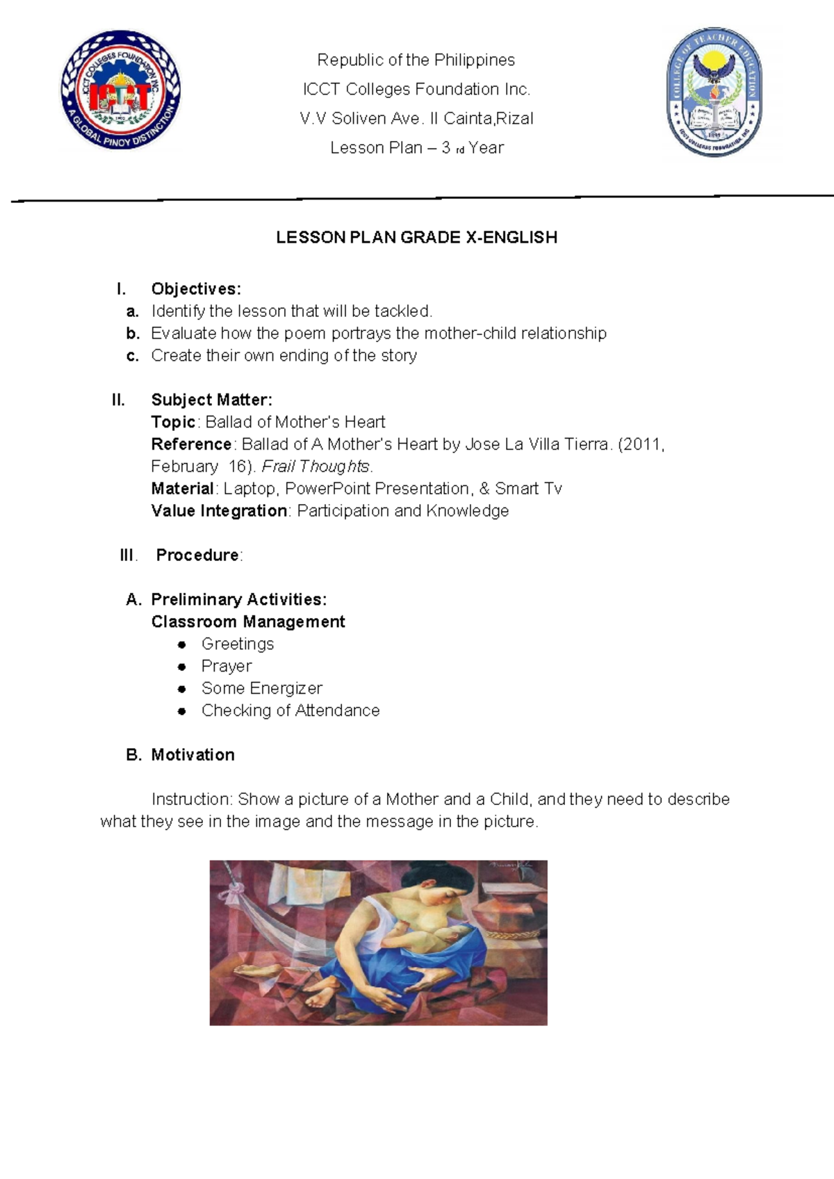 ICCT Colleges Foundation Inc. Grade I Lesson Plan: Ballad of Mother's ...