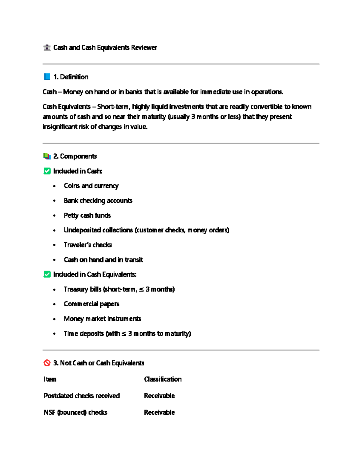 Cash and Cash Equivalents Reviewer - Definition Cash – Money on hand or ...