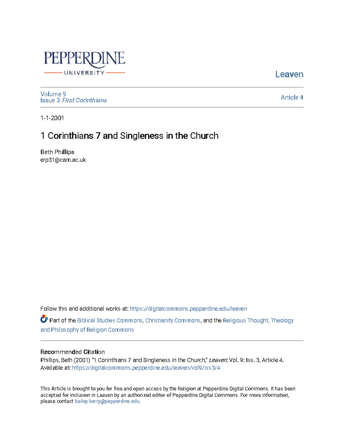 1 Corinthians 7 and Singleness in the Church - LeavenLeaven Volume 9 ...