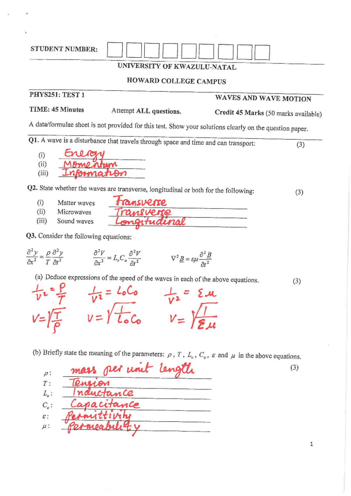 PHYS251 Test 1 Solutions: Waves Analysis 2014 - Studocu