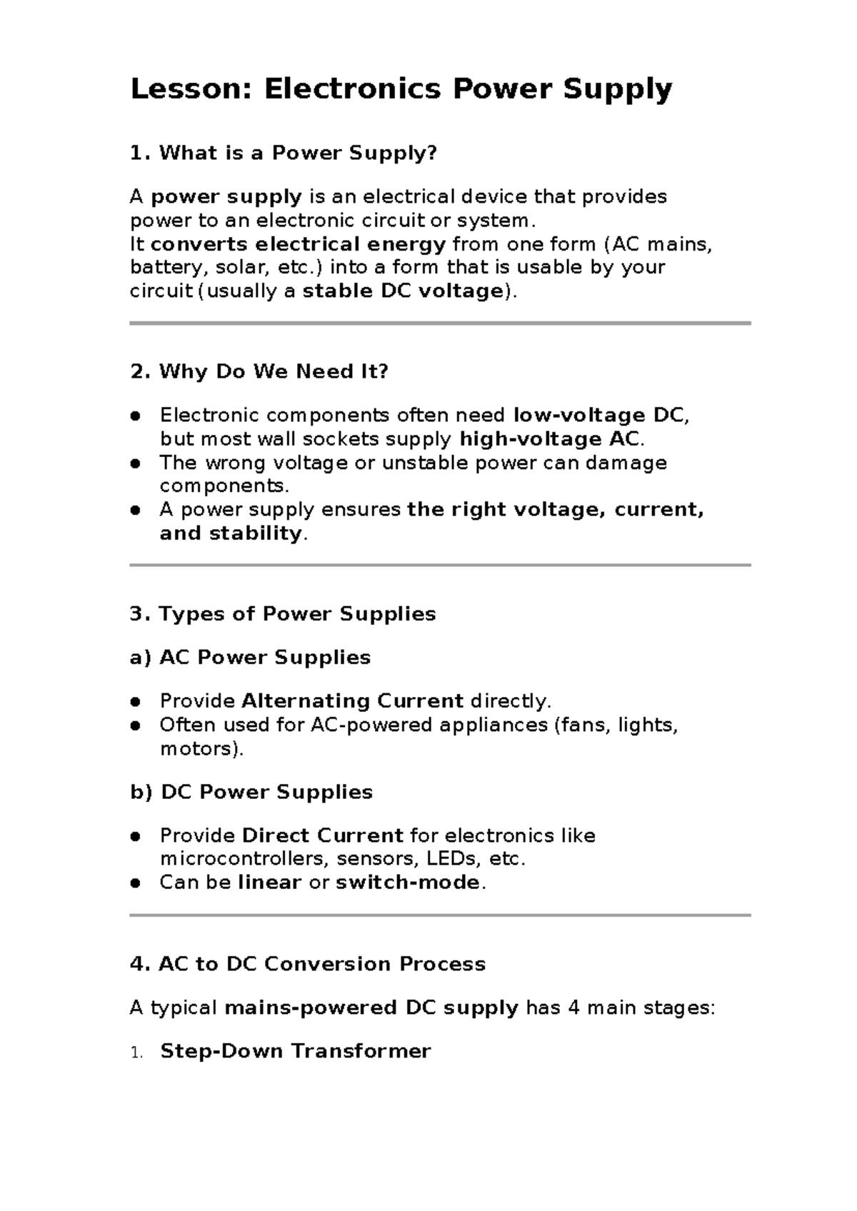 Lesson: Electronics Power Supply Overview and Key Concepts - Studocu