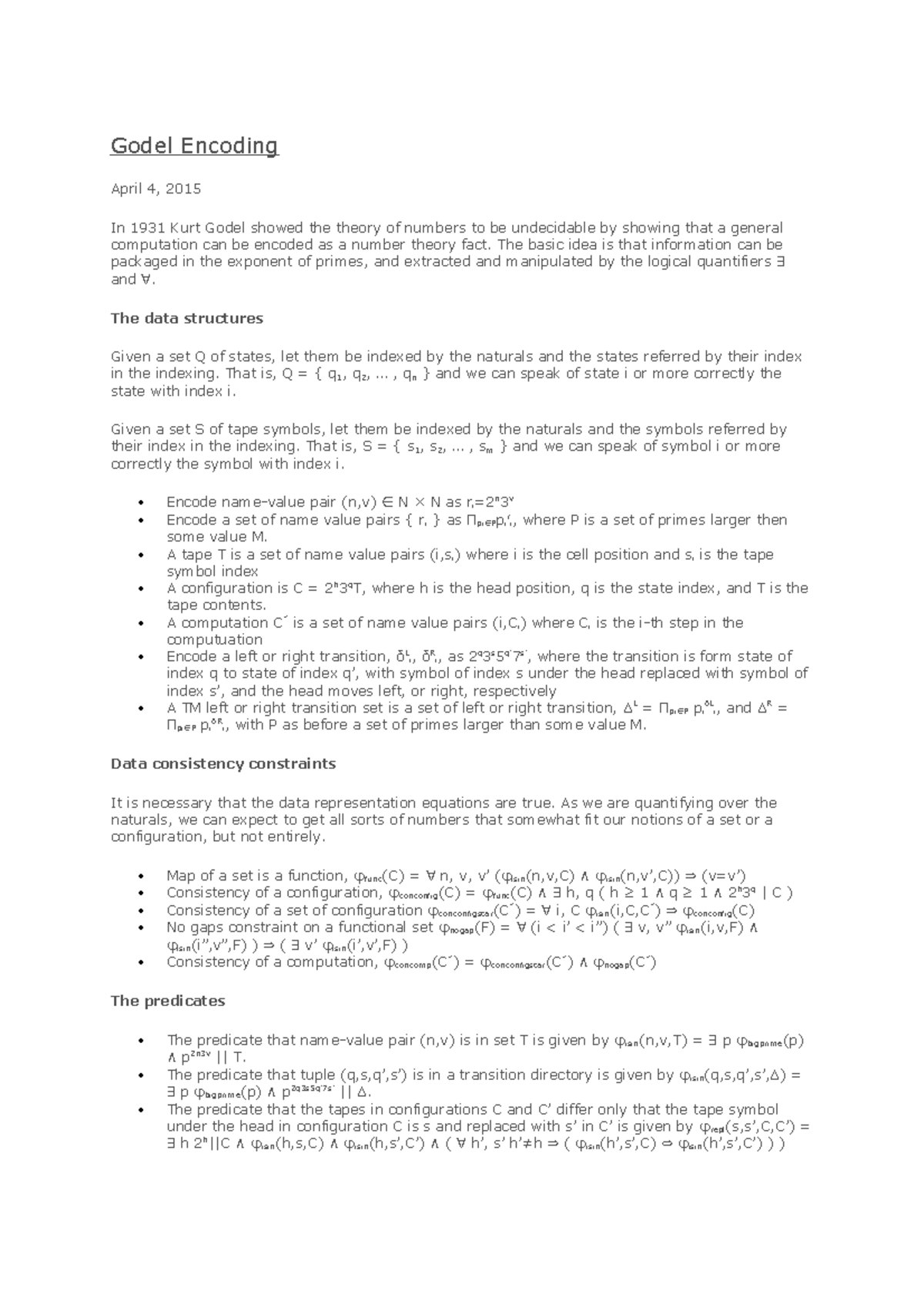 Godel Encoding - notes - Godel Encoding April 4, 2015 In 1931 Kurt ...