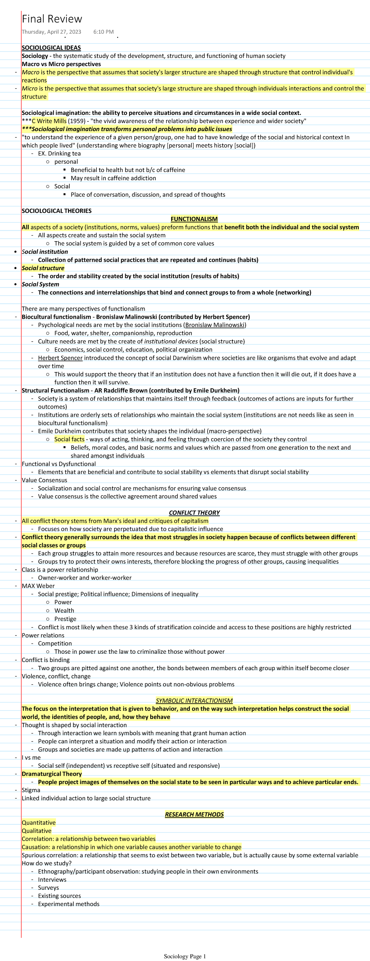 Final Review: Key Sociological Concepts and Theories for SOC101 - Studocu