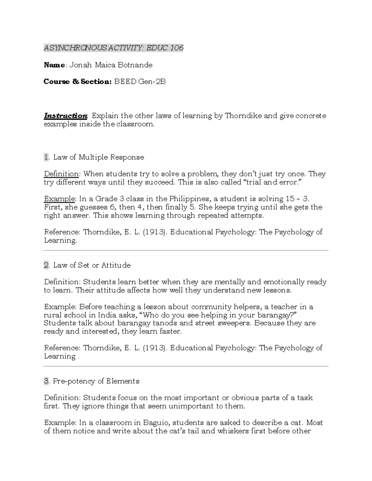 ASYNCHRONOUS ACTIVITY: EDUC 106 - Laws of Learning by Thorndike - Studocu