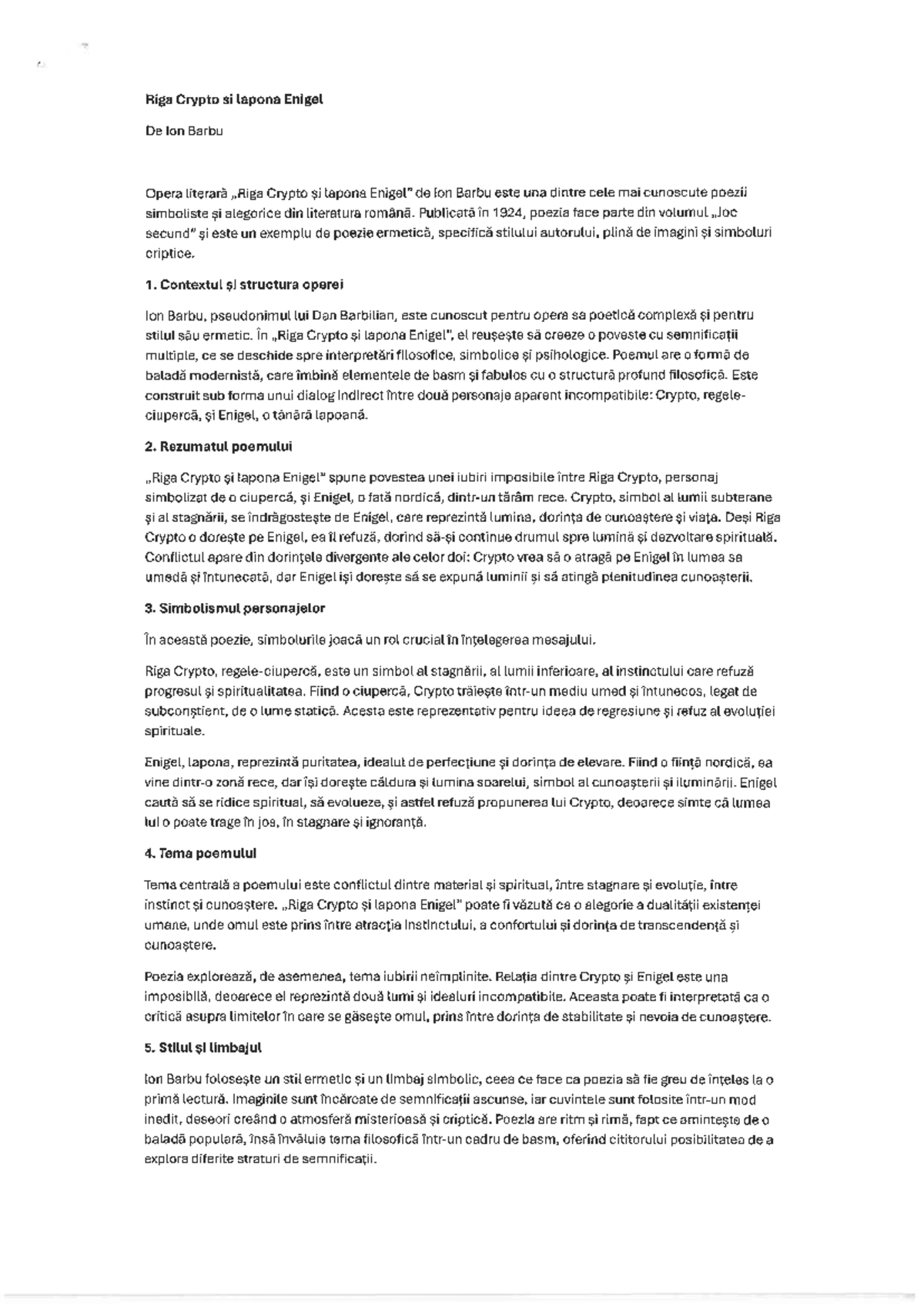 Riga Crypto si lapona Enigel: Analiza Operei lui Ion Barbu - Studocu