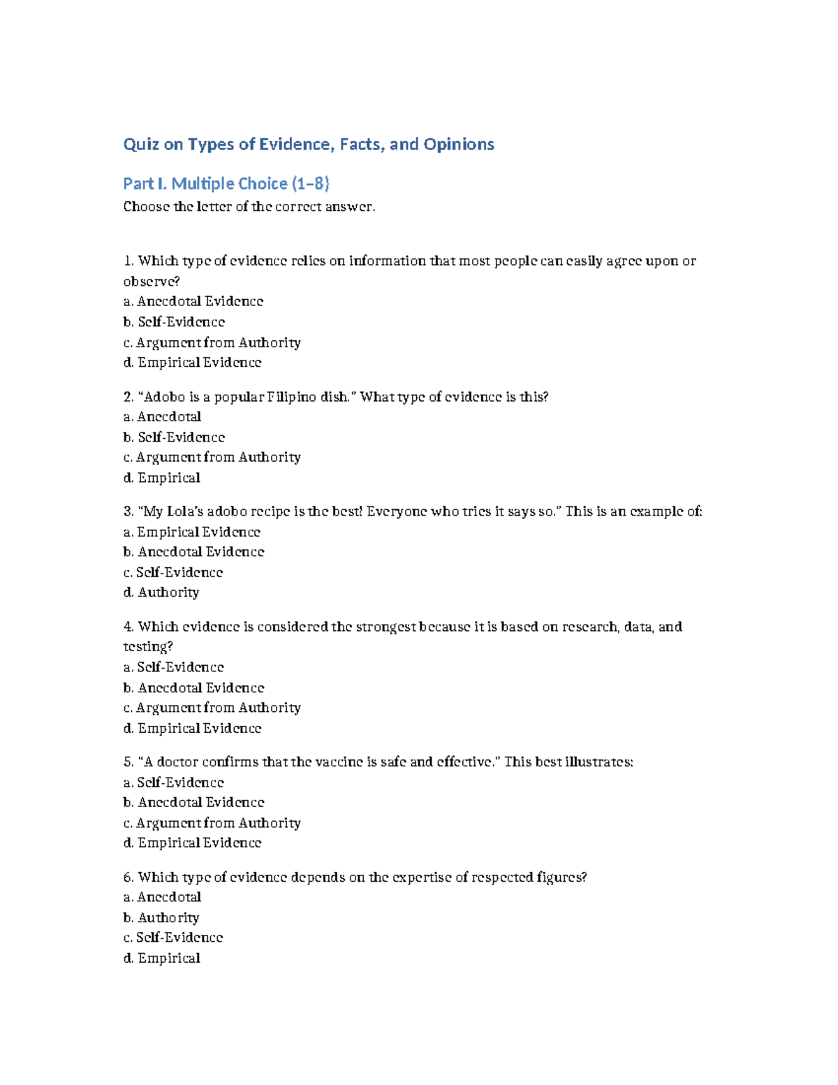 Quiz on Types of Evidence, Facts, and Opinions Part I & II - Studocu