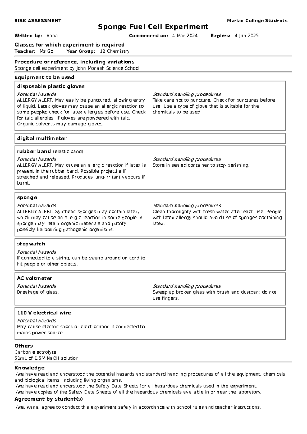 12CHEM Sponge Fuel Cell Experiment Safety Guidelines & Procedures - Studocu